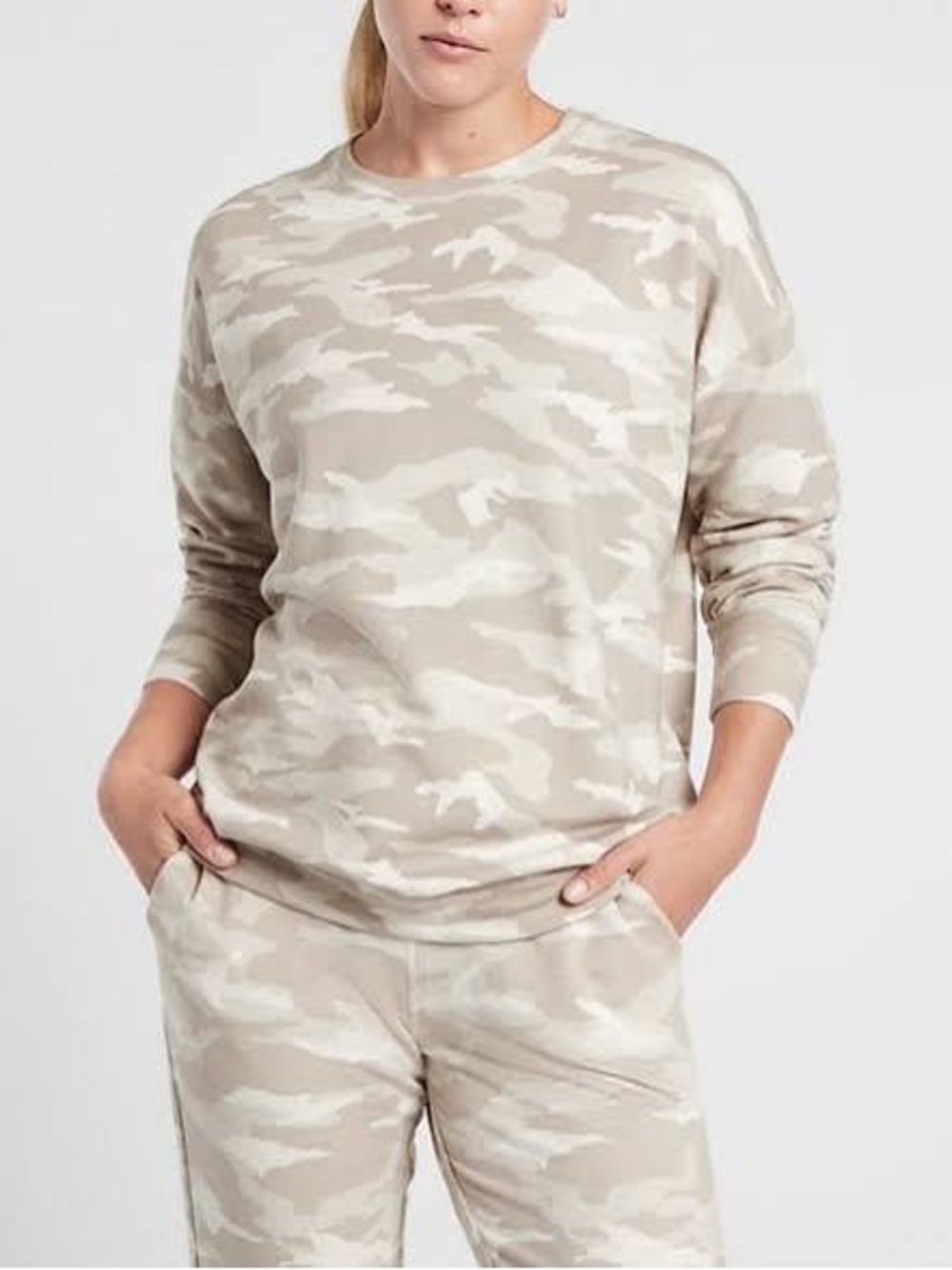 Athleta Neutral Beige & Cream Camo Sweatshirt & Joggers Set